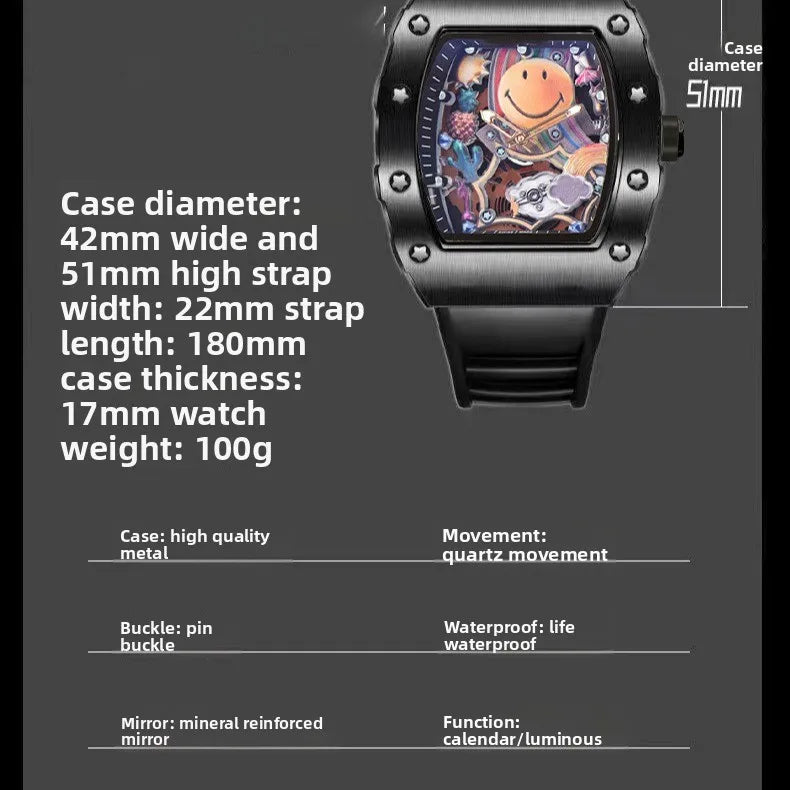 No Logo Classic Tonneau Skeleton Dial Cloud Expression Watches Mens Fshion Top Quartz Watch Automatic Date Clock AAA Relogio