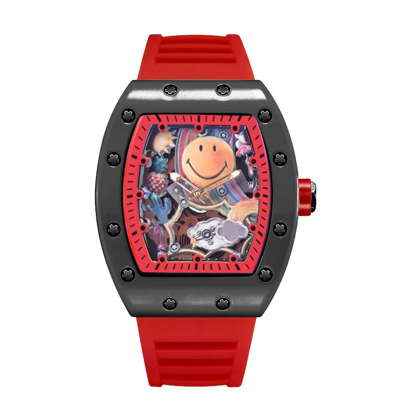 No Logo Classic Tonneau Skeleton Dial Cloud Expression Watches Mens Fshion Top Quartz Watch Automatic Date Clock AAA Relogio