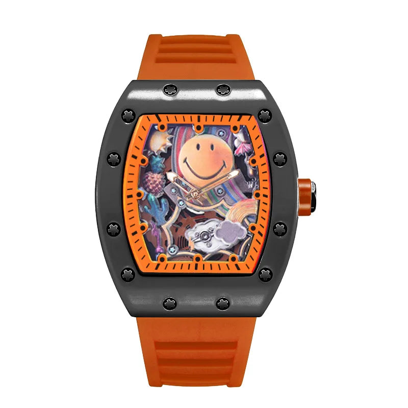 No Logo Classic Tonneau Skeleton Dial Cloud Expression Watches Mens Fshion Top Quartz Watch Automatic Date Clock AAA Relogio