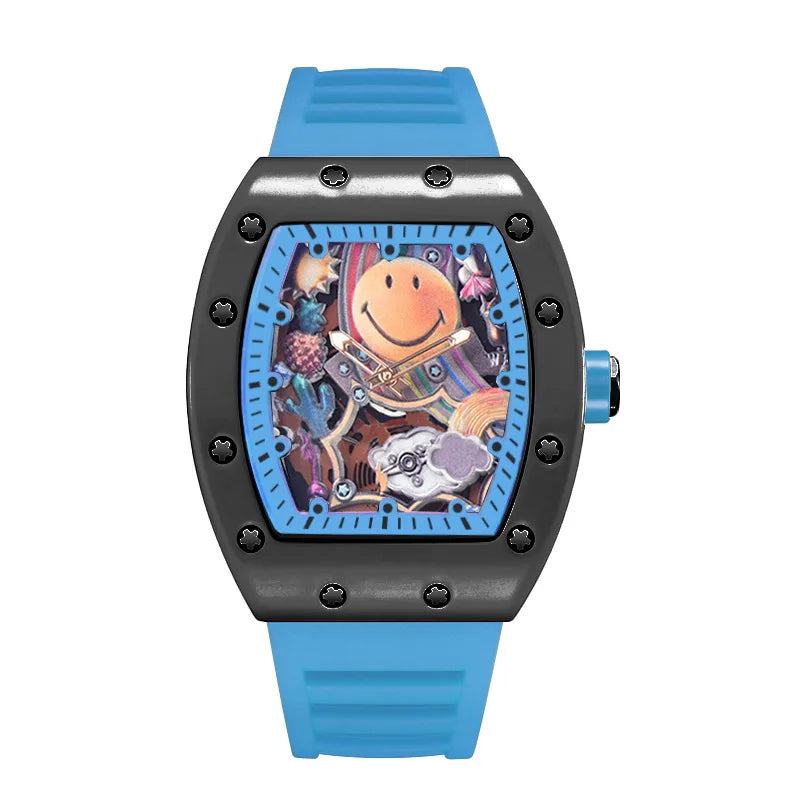 No Logo Classic Tonneau Skeleton Dial Cloud Expression Watches Mens Fshion Top Quartz Watch Automatic Date Clock AAA Relogio