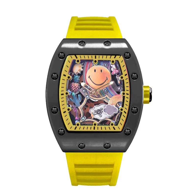 No Logo Classic Tonneau Skeleton Dial Cloud Expression Watches Mens Fshion Top Quartz Watch Automatic Date Clock AAA Relogio