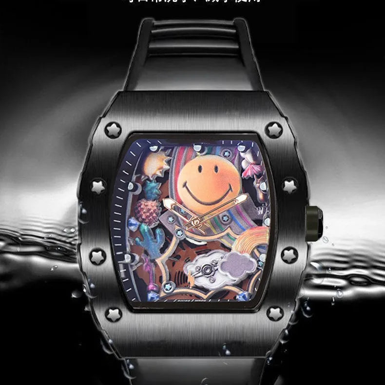 No Logo Classic Tonneau Skeleton Dial Cloud Expression Watches Mens Fshion Top Quartz Watch Automatic Date Clock AAA Relogio